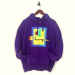 Champion men’s script logo reverse weave color block hoodie in purple size XL